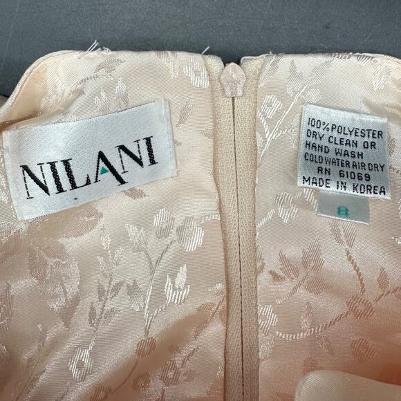 Vintage Peach Floral Dress 80s Nilani Korea Sz 8 Lace Shoulder Pads Drop Waist - Picture 4 of 9